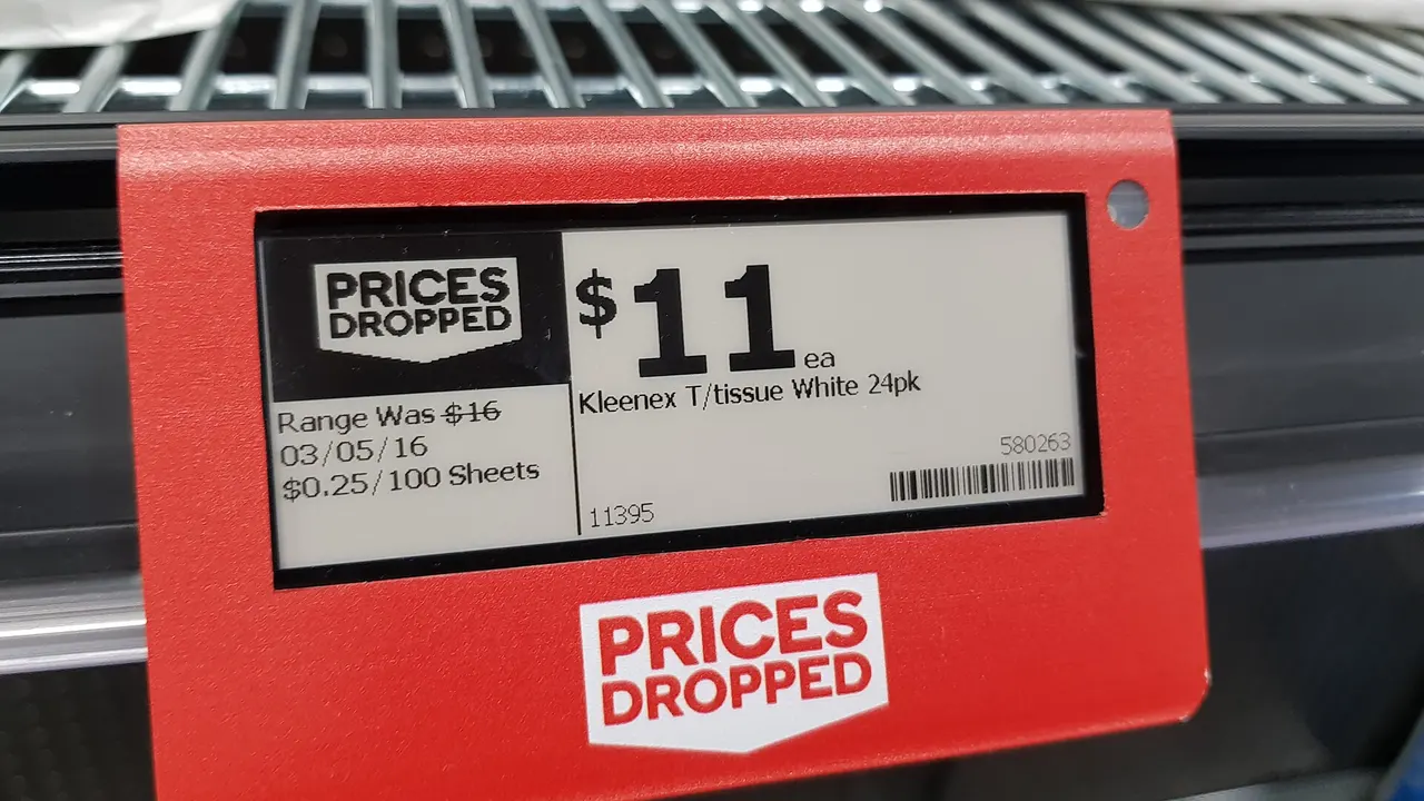 An electronic ink price tag on a supermarket shelf